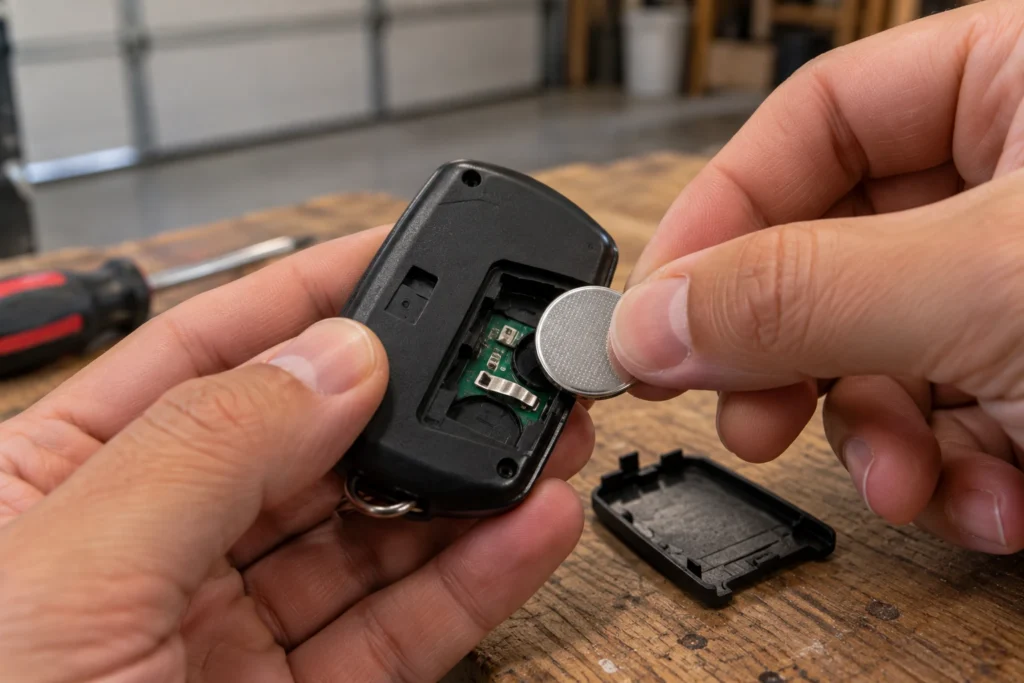 Inserting a CR2032 coin battery into a garage door remote