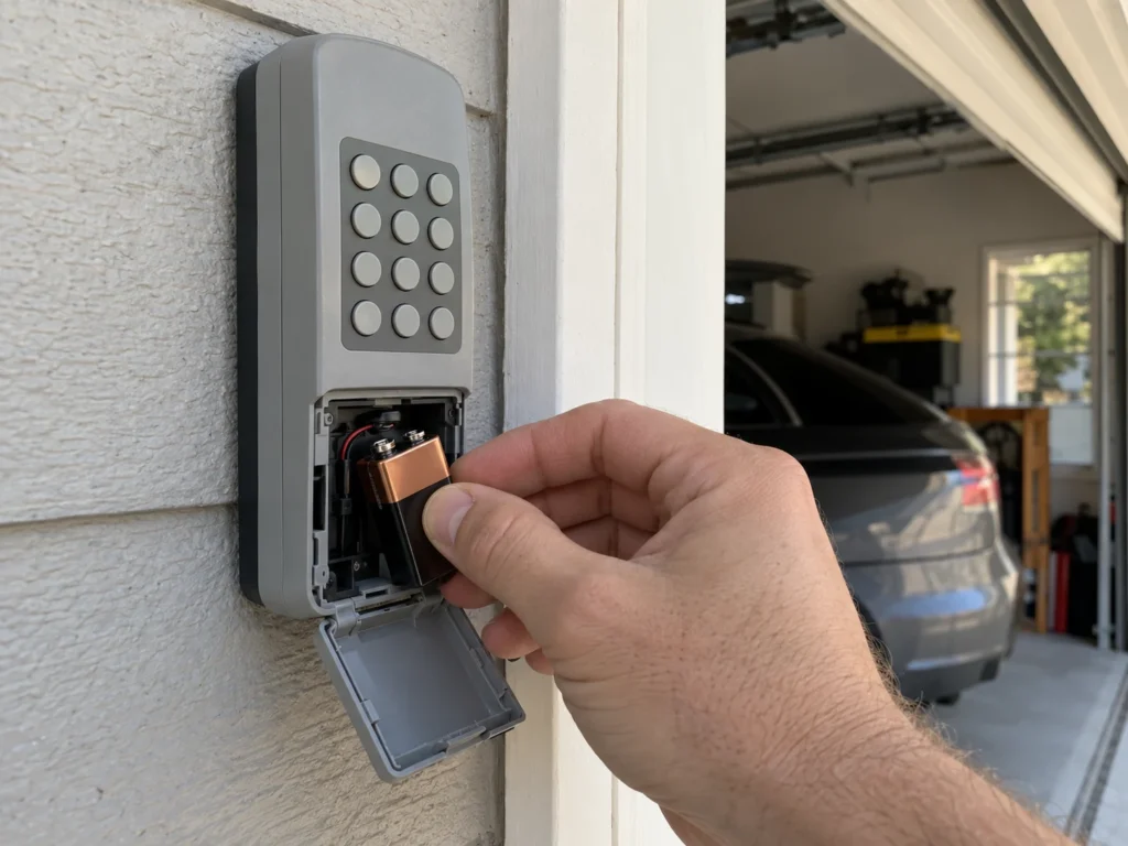 How to Reset Craftsman Garage Door Keypad Without Enter Button 8 Hand replacing the 9-volt battery inside a garage door keypad on a garage wall