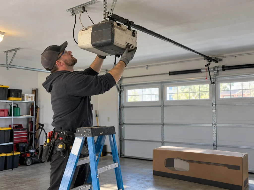 Technician installing a new garage door opener to replace an old Genie unit