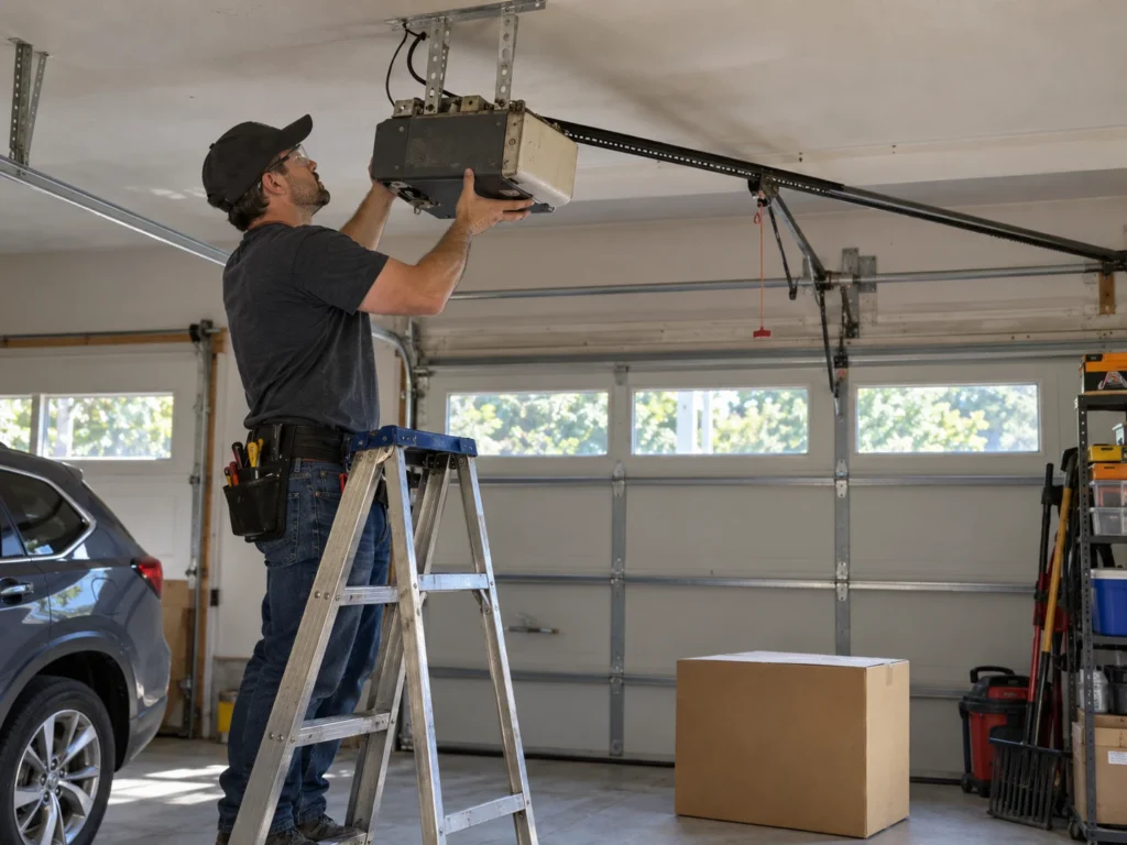 Ryobi Garage Door Opener Troubleshooting: Fixes From the Manual 10 Technician on a ladder removing an old belt drive garage door opener with a new opener box below