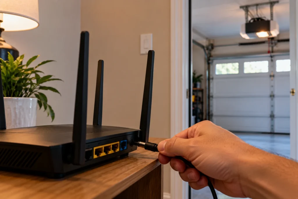 Unplugging a home router before reconnecting the garage door opener to Wi-Fi