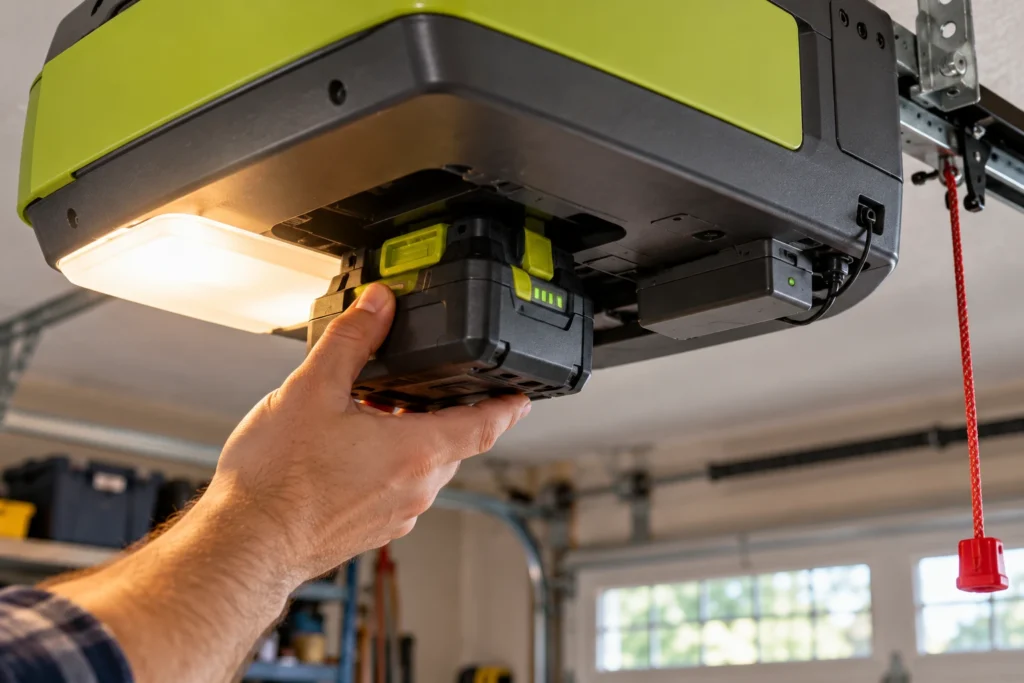 Is the Ryobi Garage Door Opener Compatible with Alexa? 9 Hand inserting an 18V battery into the battery port of a Ryobi garage door opener