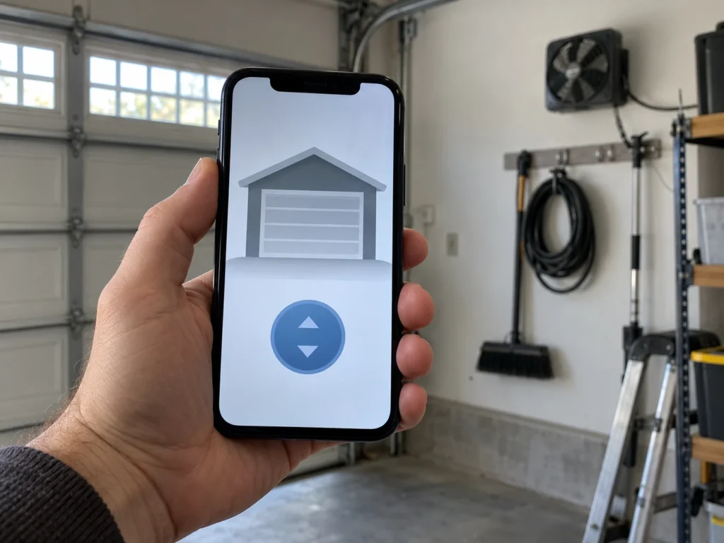 Phone app with a garage door icon and open close button, garage accessories on the wall