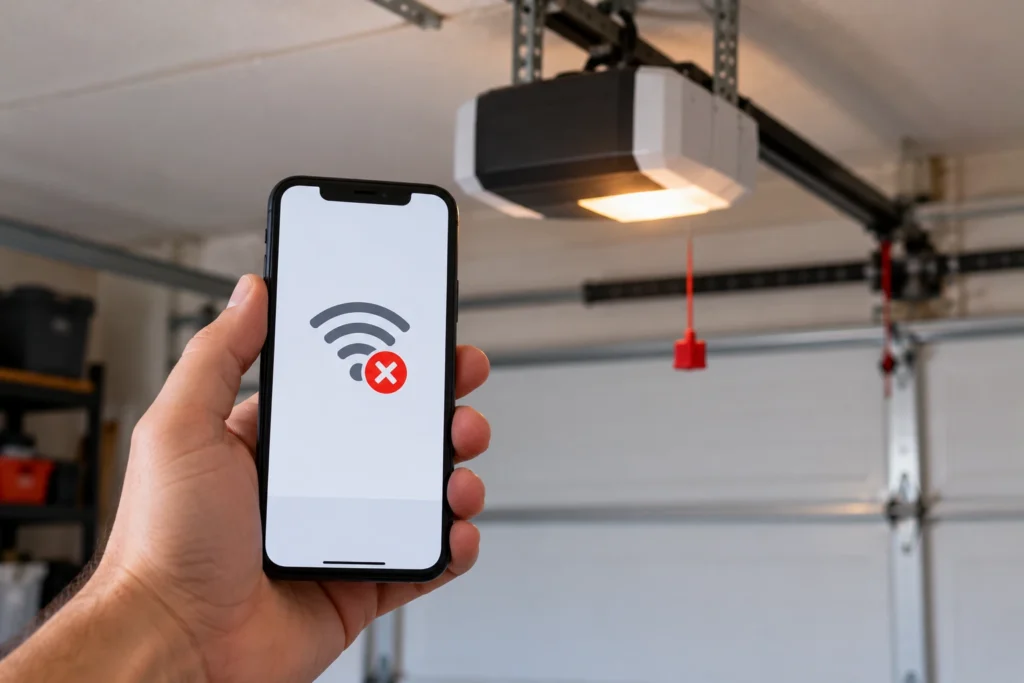 Ryobi Garage Door Opener Troubleshooting: Fixes From the Manual 8 Smartphone app showing a garage door opener offline warning