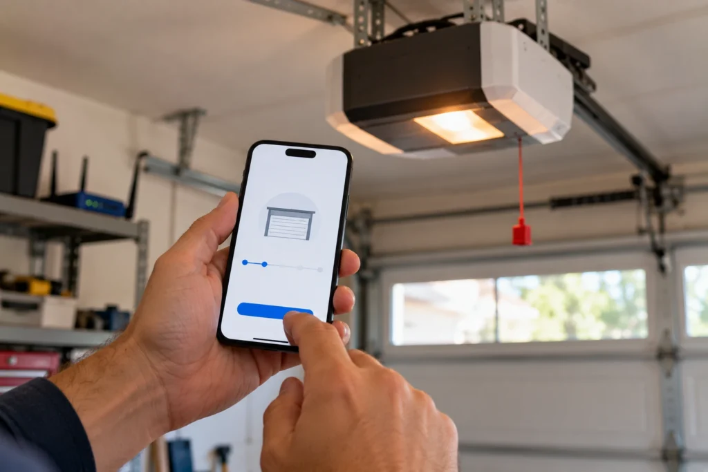 Phone showing a garage door opener Wi-Fi setup progress screen under the opener