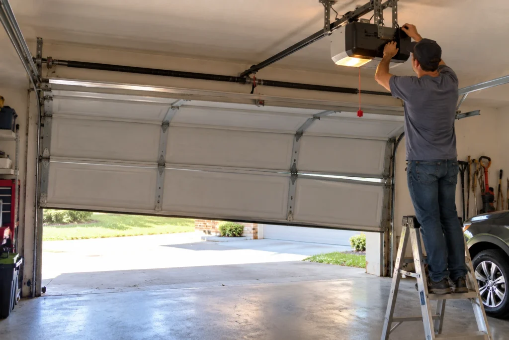 Ryobi Garage Door Opener Troubleshooting: Fixes From the Manual 4 Garage door stopped partly open while a homeowner on a ladder resets the opener travel limits