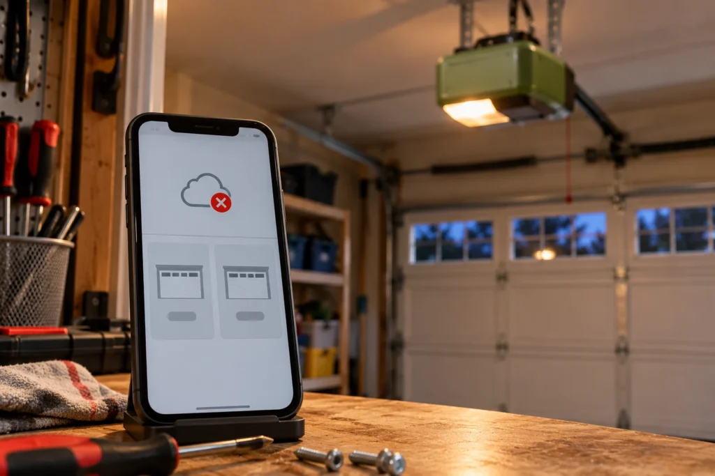 Is the Ryobi Garage Door Opener Compatible with Alexa? 2 Smartphone showing a disconnected garage door app in front of a Ryobi garage door opener