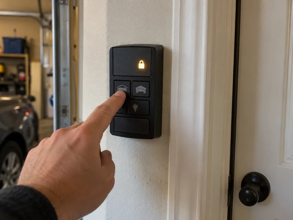 Ryobi Garage Door Opener Troubleshooting: Fixes From the Manual 2 Pressing a button on a wall-mounted indoor garage keypad beside the house door