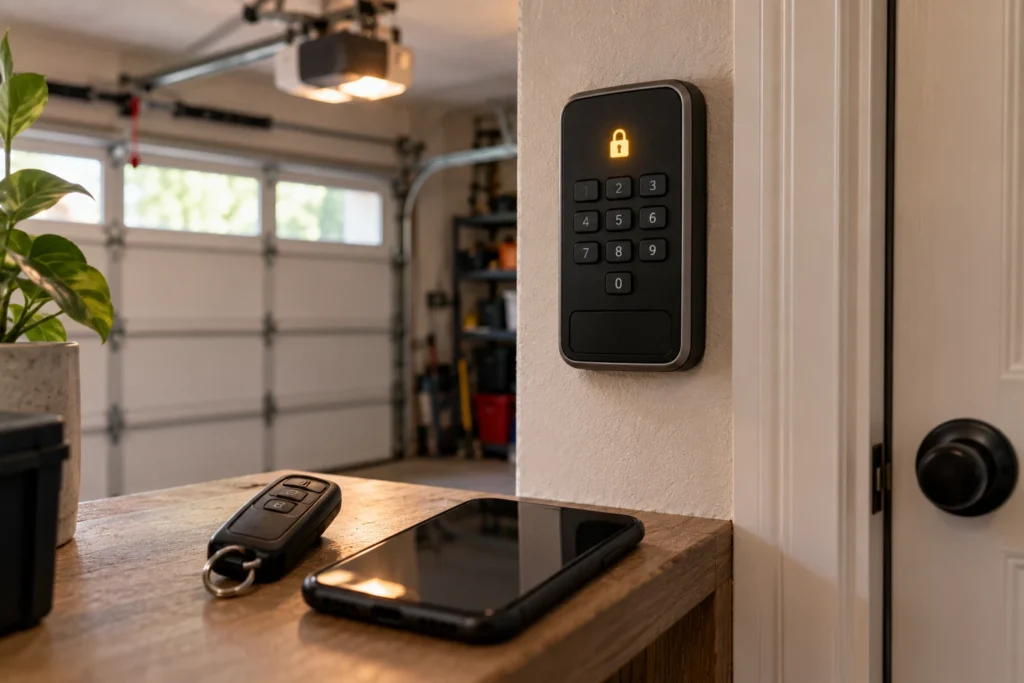 Ryobi Garage Door Opener Troubleshooting: Fixes From the Manual 3 Indoor garage keypad showing the lock light on, with an unused remote and phone on a shelf