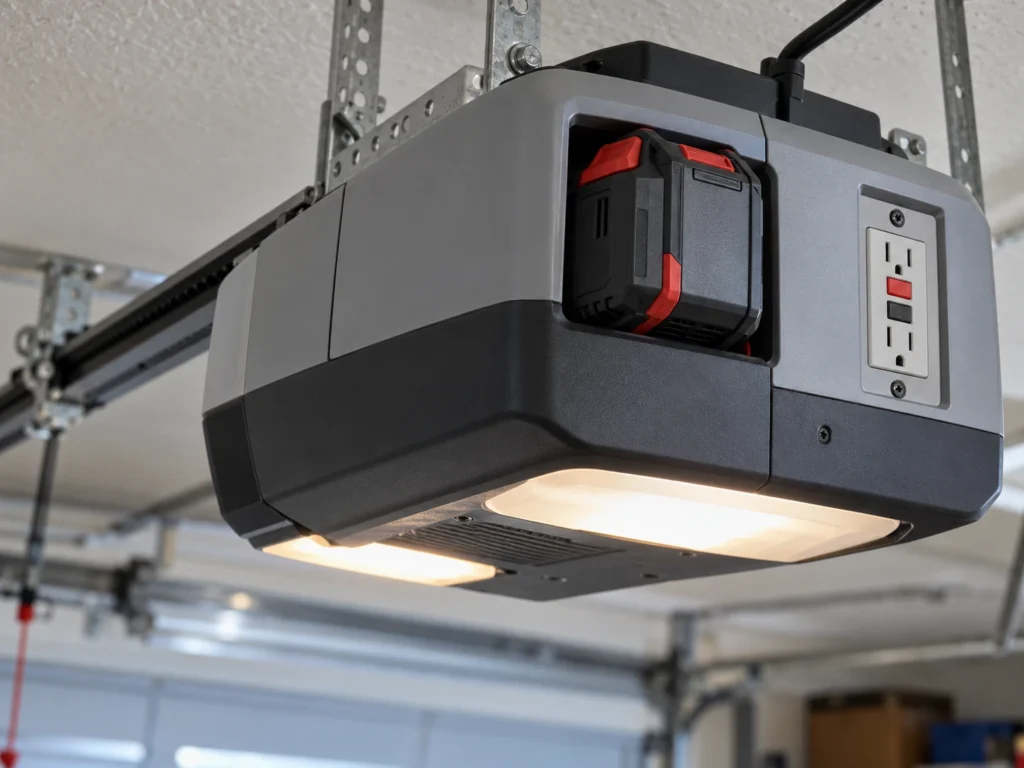 Ryobi Garage Door Opener Troubleshooting: Fixes From the Manual 9 Garage door opener motor unit with a battery pack slot and built-in GFCI outlet