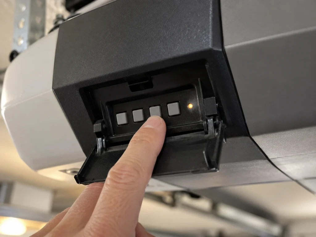 How to Reset a Ryobi Garage Door Opener (Remotes, Limits and Wi-Fi) 3 Open console door on the front of a garage door opener motor unit showing four control buttons