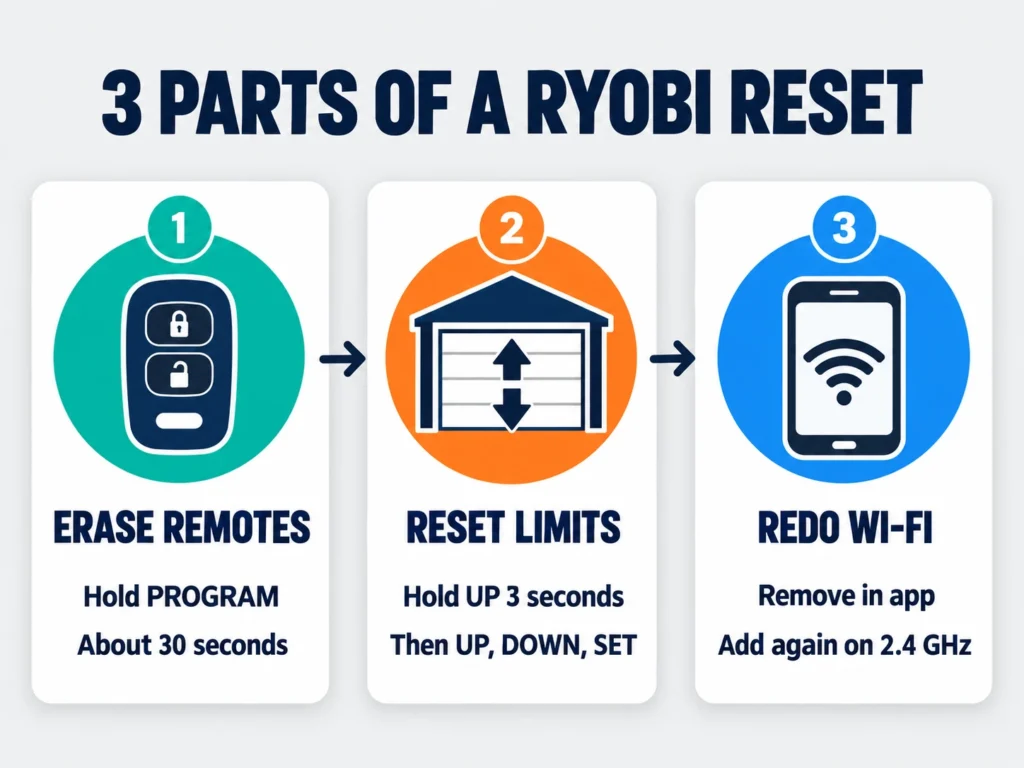 How to Reset a Ryobi Garage Door Opener (Remotes, Limits and Wi-Fi) 2 Infographic of the 3 parts of a Ryobi garage door opener reset: erase remotes, reset travel limits, redo Wi-Fi