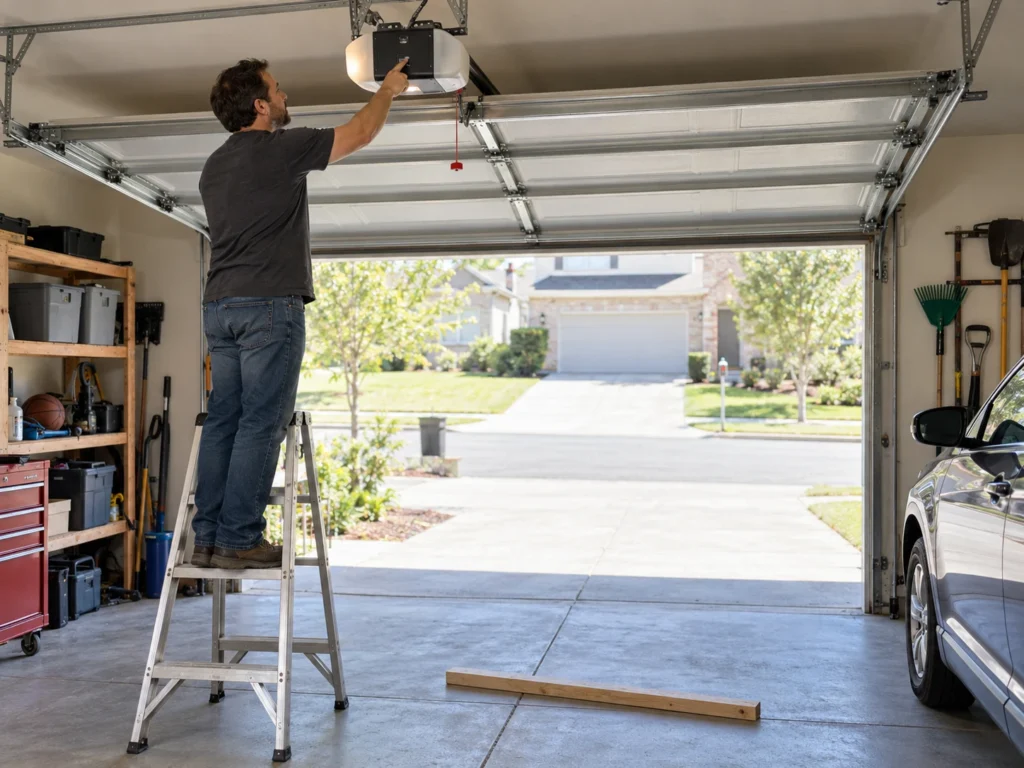 How to Reset a Ryobi Garage Door Opener (Remotes, Limits and Wi-Fi) 5 Setting garage door opener travel limits with a 2x4 board on the floor for the reverse test