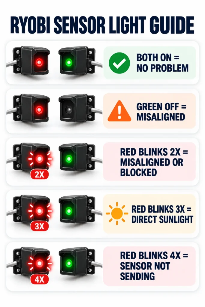 Ryobi Garage Door Opener Troubleshooting: Fixes From the Manual 5 Ryobi safety sensor light guide: both on no problem, green off misaligned, red blinks 2x blocked, 3x direct sunlight, 4x not sending