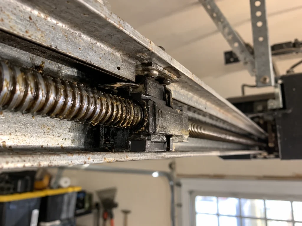 Threaded steel screw rod inside a garage door opener rail with the carriage riding on it