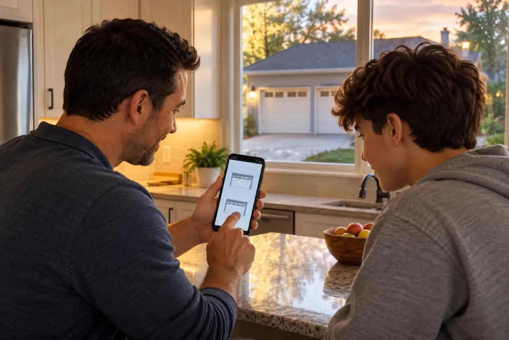 Parent showing a teenager the myQ app with two garage doors on a smartphone in the kitchen