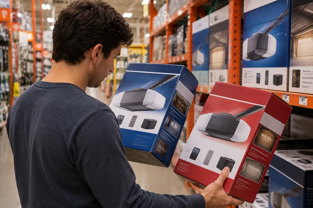 Best Garage Door Opener With Battery Backup (2026) 7 Homeowner comparing garage door opener boxes in a store aisle