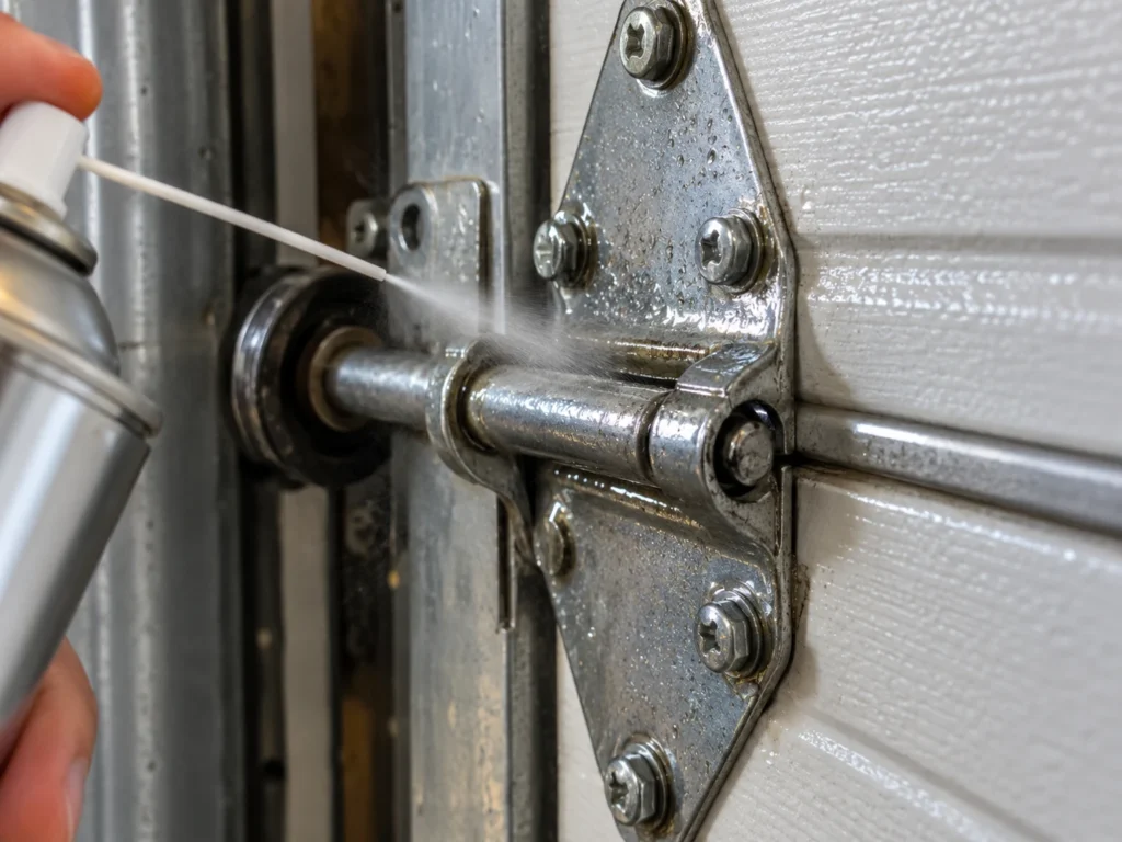 Best Lubricant for Garage Door Hinges (What Actually Works) 4 Silicone spray being applied to a steel garage door hinge leaving a thin glossy film