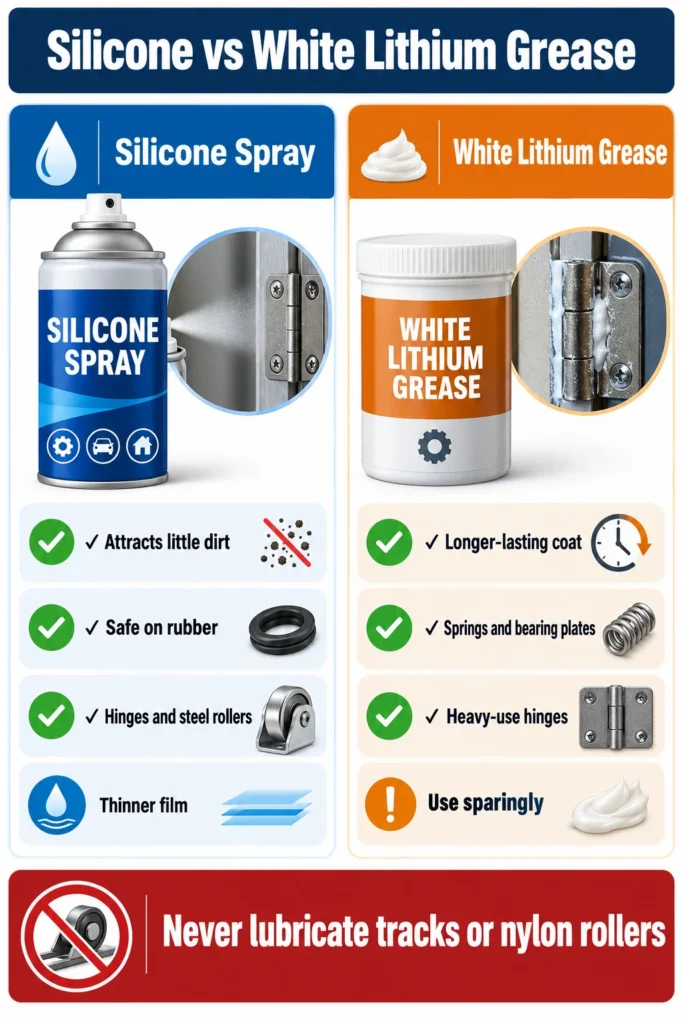 Best Lubricant for Garage Door Hinges (What Actually Works) 2 Infographic comparing silicone spray and white lithium grease for garage door hinges, with a warning never to lubricate tracks or nylon rollers