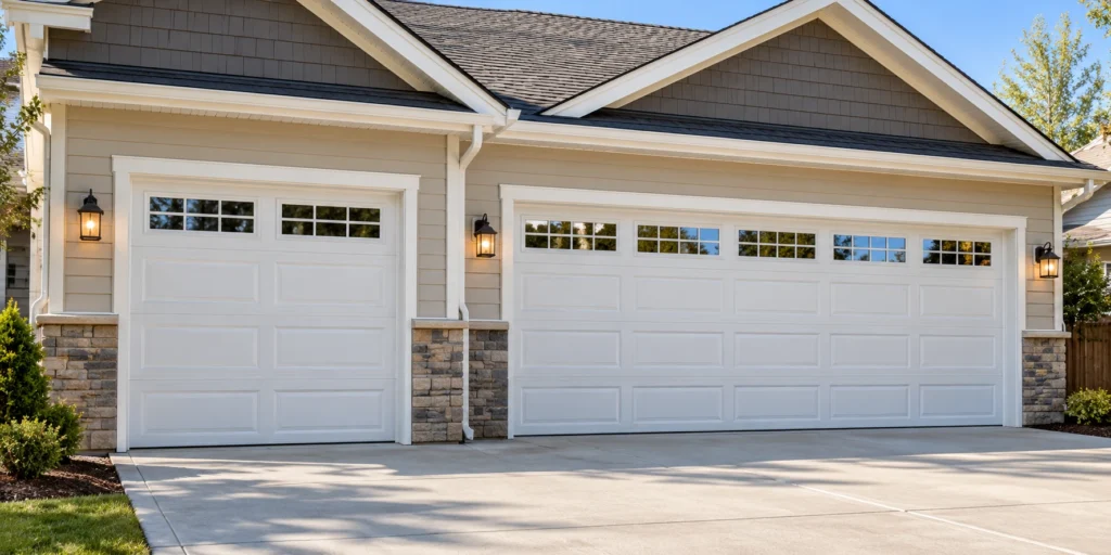 Single and double white steel garage doors side by side on a suburban home