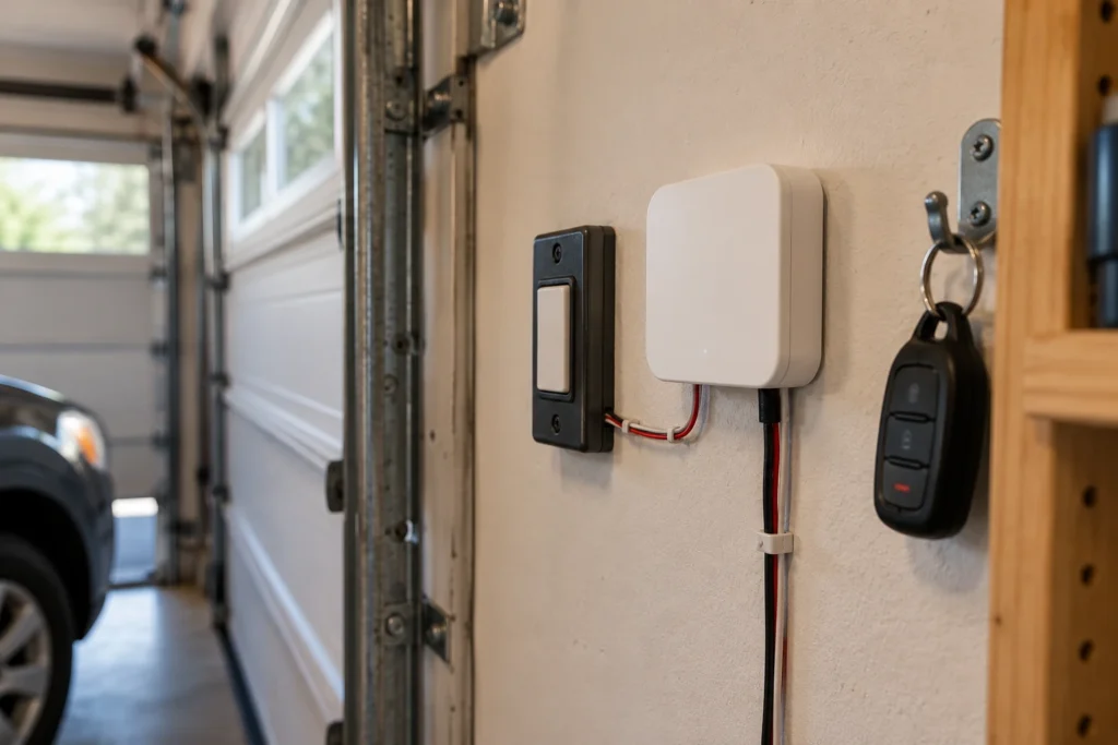 Smart garage controller box mounted beside the wall button to add Alexa control to an existing opener