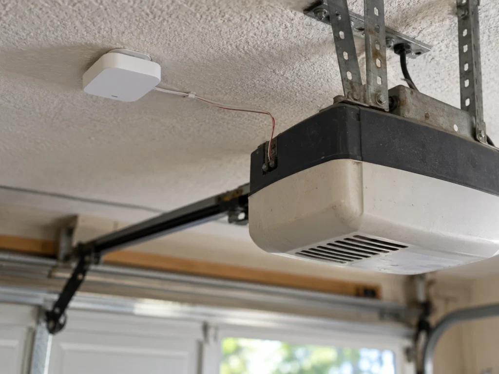 Small smart garage add-on hub mounted next to an existing garage door opener
