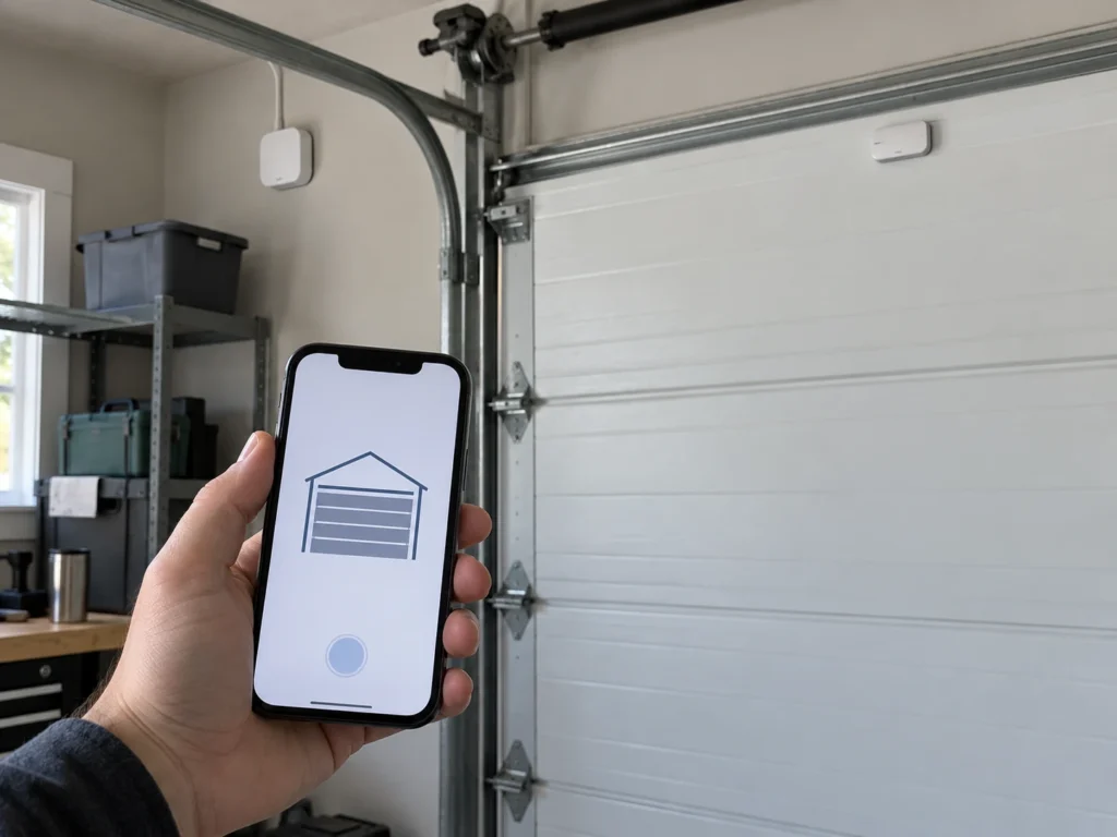 Is the Ryobi Garage Door Opener Compatible with Alexa? 5 Smart garage hub on the wall with a tilt sensor on the door and a phone showing garage door control