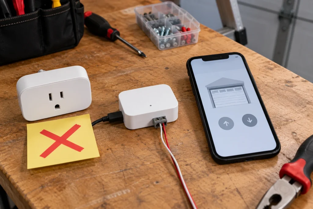 Is the Ryobi Garage Door Opener Compatible with Alexa? 8 Smart plug marked with a red X next to a smart garage controller and a phone on a workbench