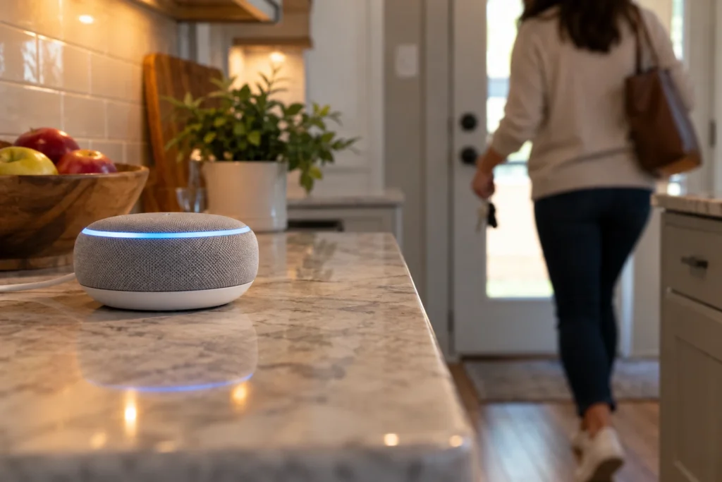 Smart speaker on a kitchen counter beside the door to the garage
