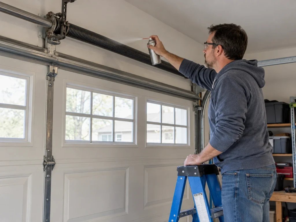 Best Lubricant for Garage Door Hinges (What Actually Works) 6 Homeowner on a step ladder spraying garage door lubricant near the top of the door