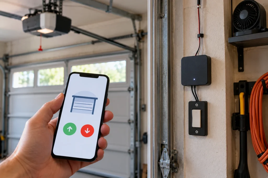 Third-party smart garage controller mounted on a garage wall with a phone in hand