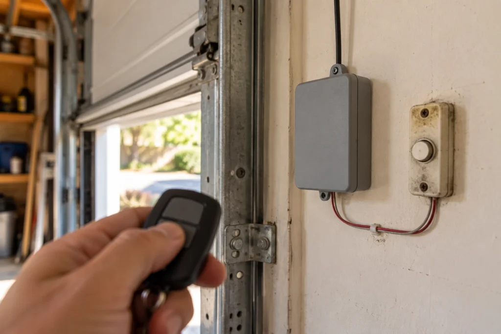 Universal garage door receiver mounted beside the wall button with a new remote