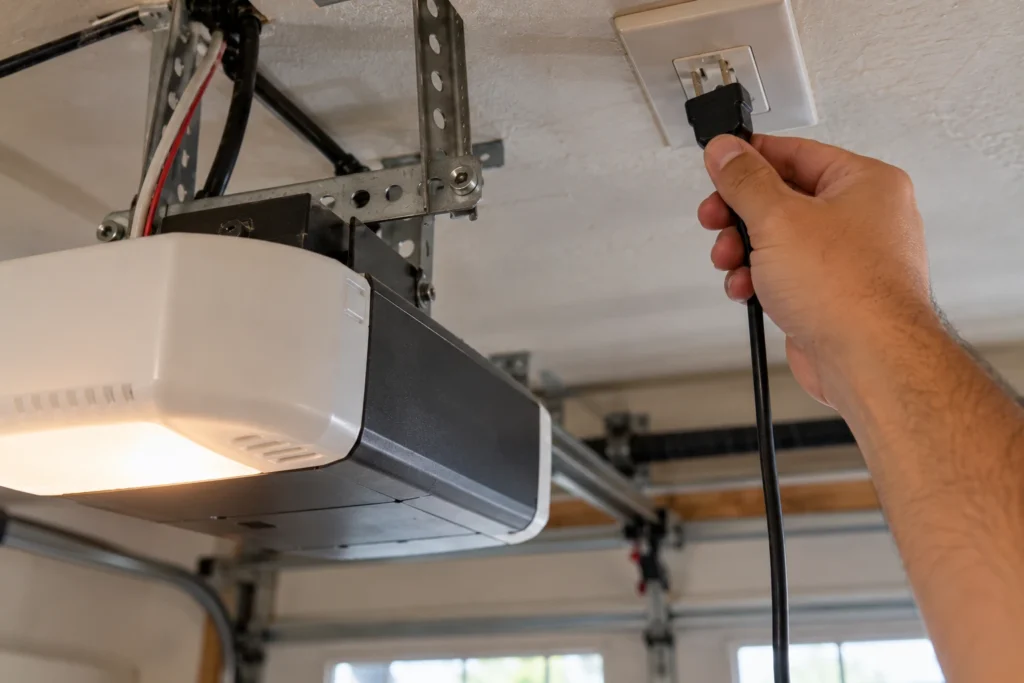 Unplugging a garage door opener from the ceiling outlet to reset it