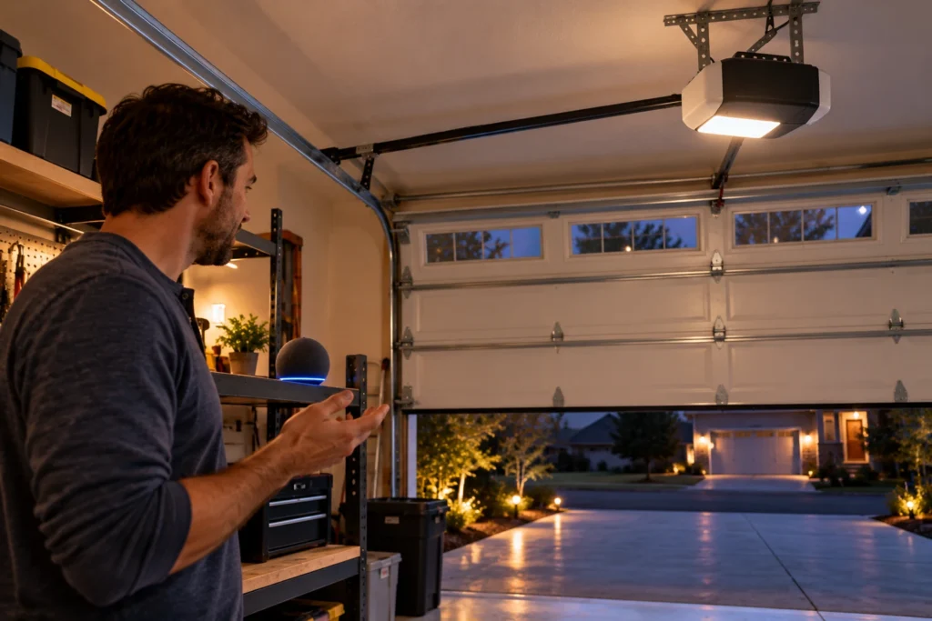 Homeowner using voice control while a heavy insulated double garage door opens