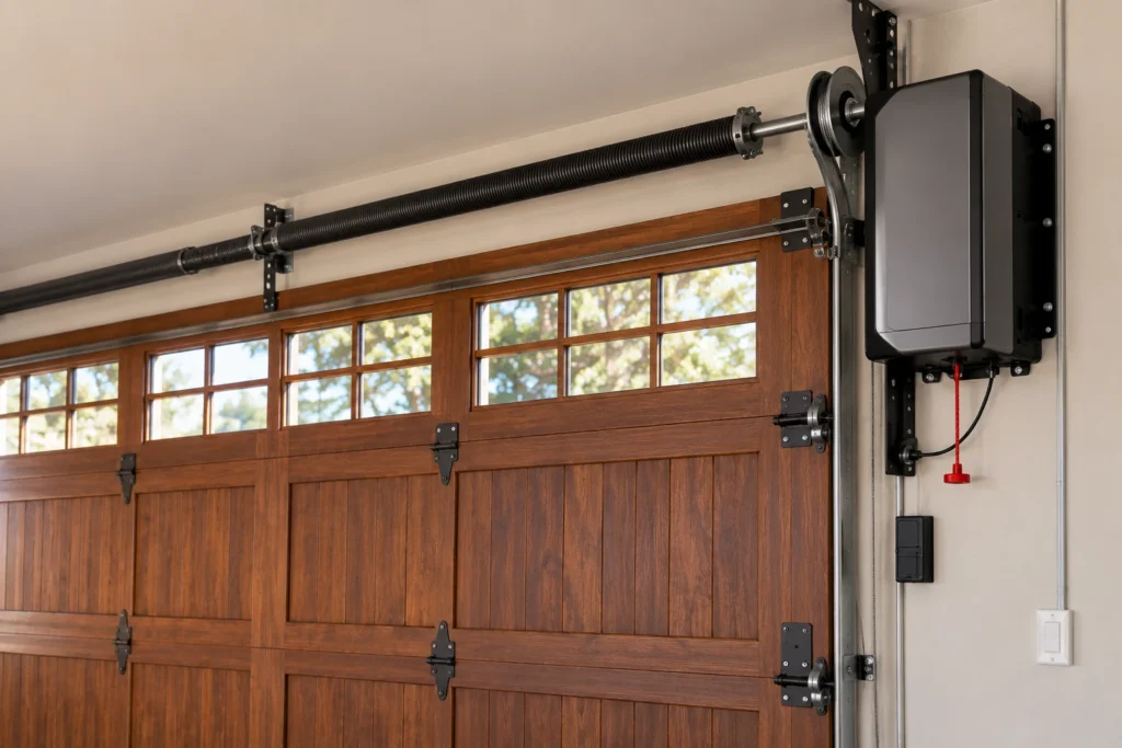 Wall-mount jackshaft garage door opener installed beside a heavy wooden garage door with no ceiling rail