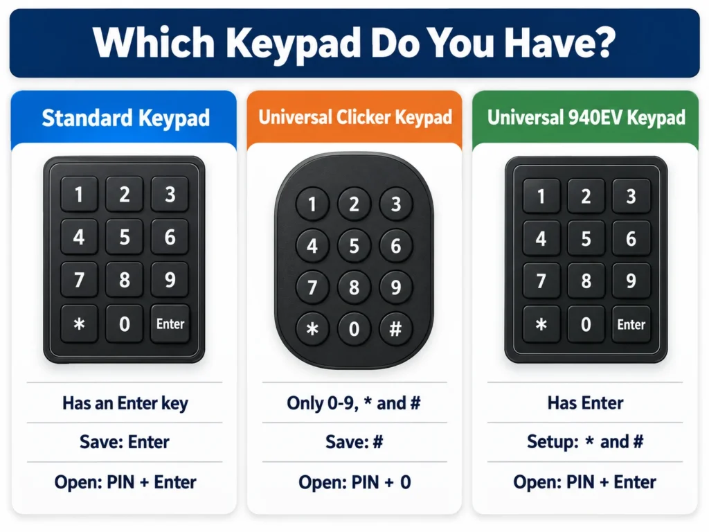 How to Reset Craftsman Garage Door Keypad Without Enter Button 3 Infographic comparing a standard keypad, a universal Clicker keypad and a universal 940EV keypad