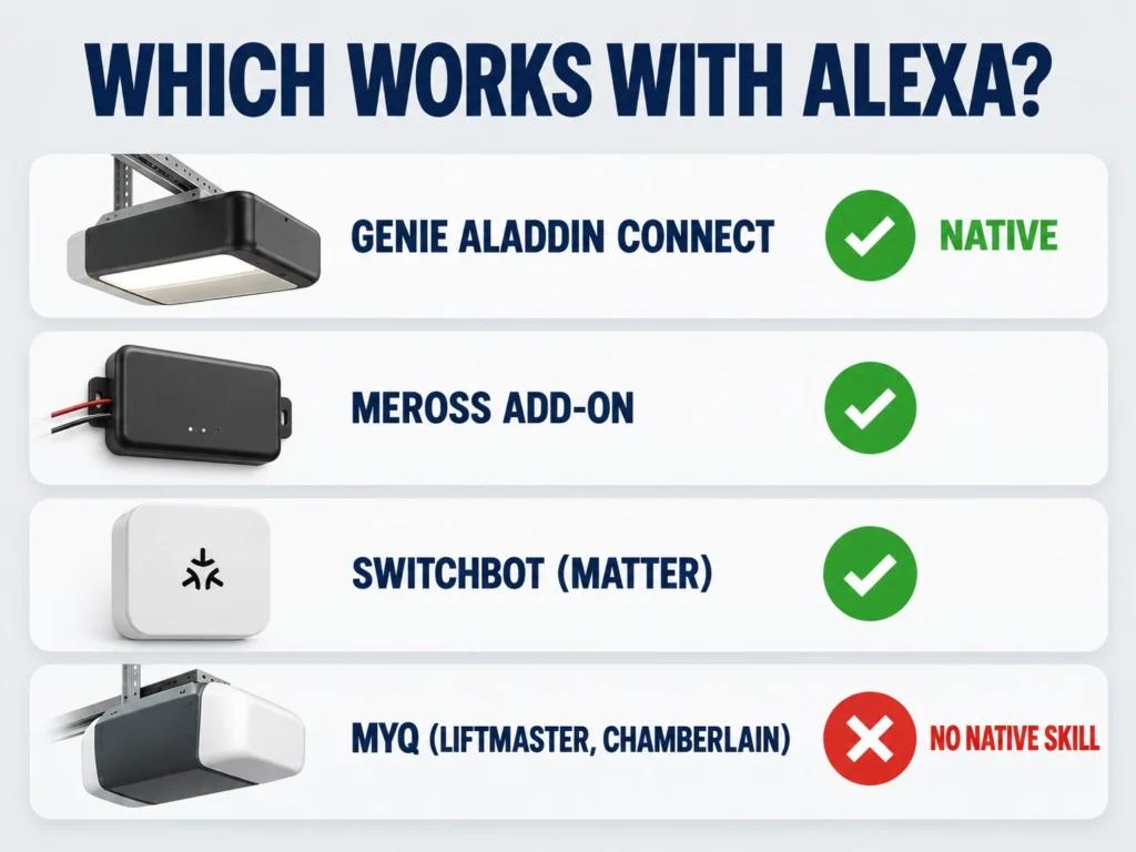Chart of which garage door systems work with Alexa: Genie Aladdin Connect native, meross and SwitchBot yes, myQ no native skill