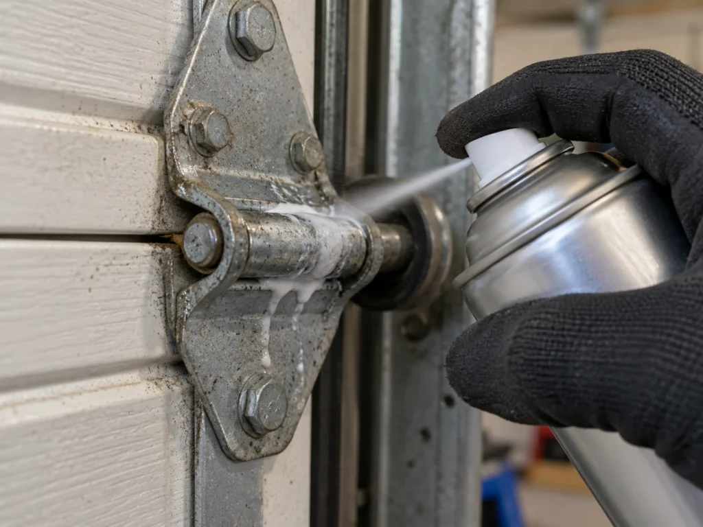 Best Lubricant for Garage Door Hinges (What Actually Works) 5 Gloved hand spraying white lithium grease onto a steel garage door hinge pivot