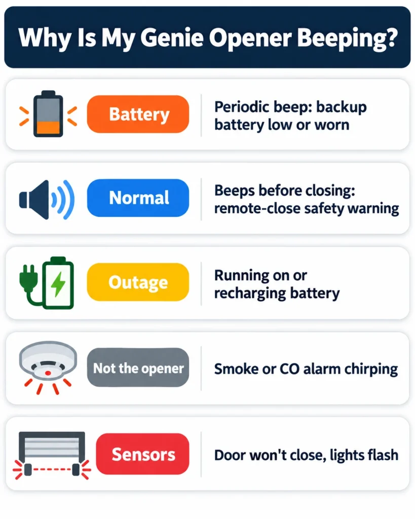 Infographic of five reasons a Genie garage door opener beeps: battery, remote-close warning, power outage, smoke alarm and sensors