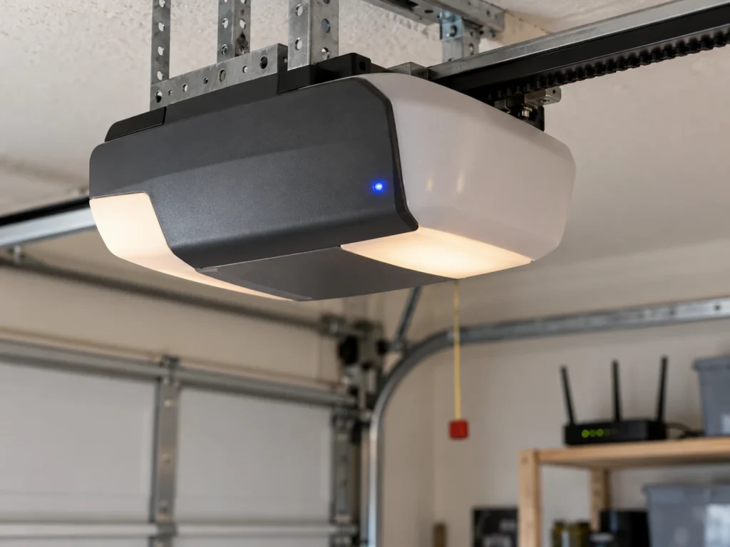 Garage door opener with a glowing WiFi indicator light and a home router in the background