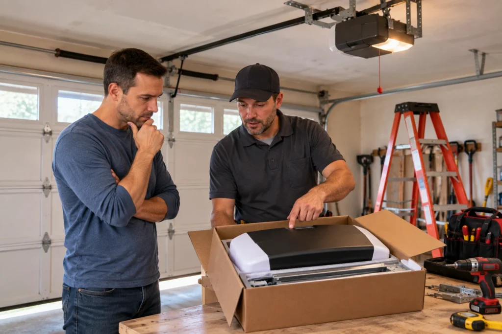 Homeowner and installer unboxing a new garage door opener in a garage