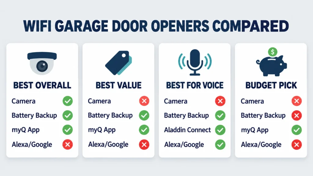 Comparison chart of WiFi garage door openers: best overall, best value, best for voice and budget pick by camera, battery backup, app and Alexa/Google support