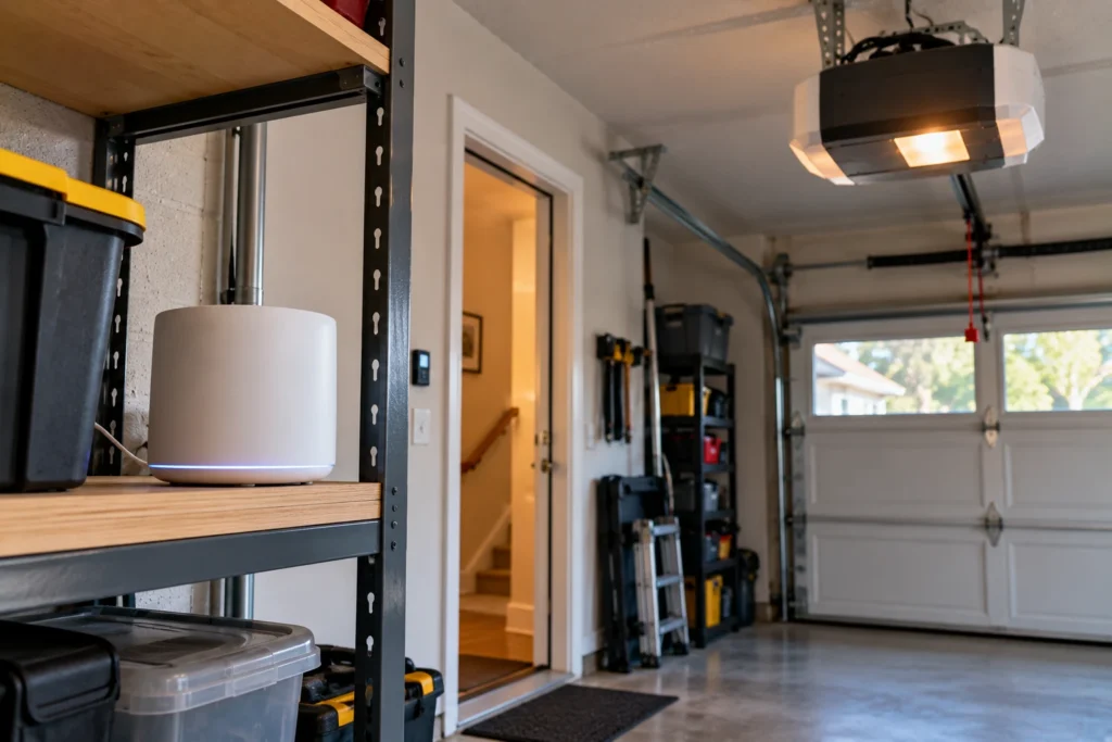 Mesh Wi-Fi node on a garage shelf to strengthen the signal at the opener