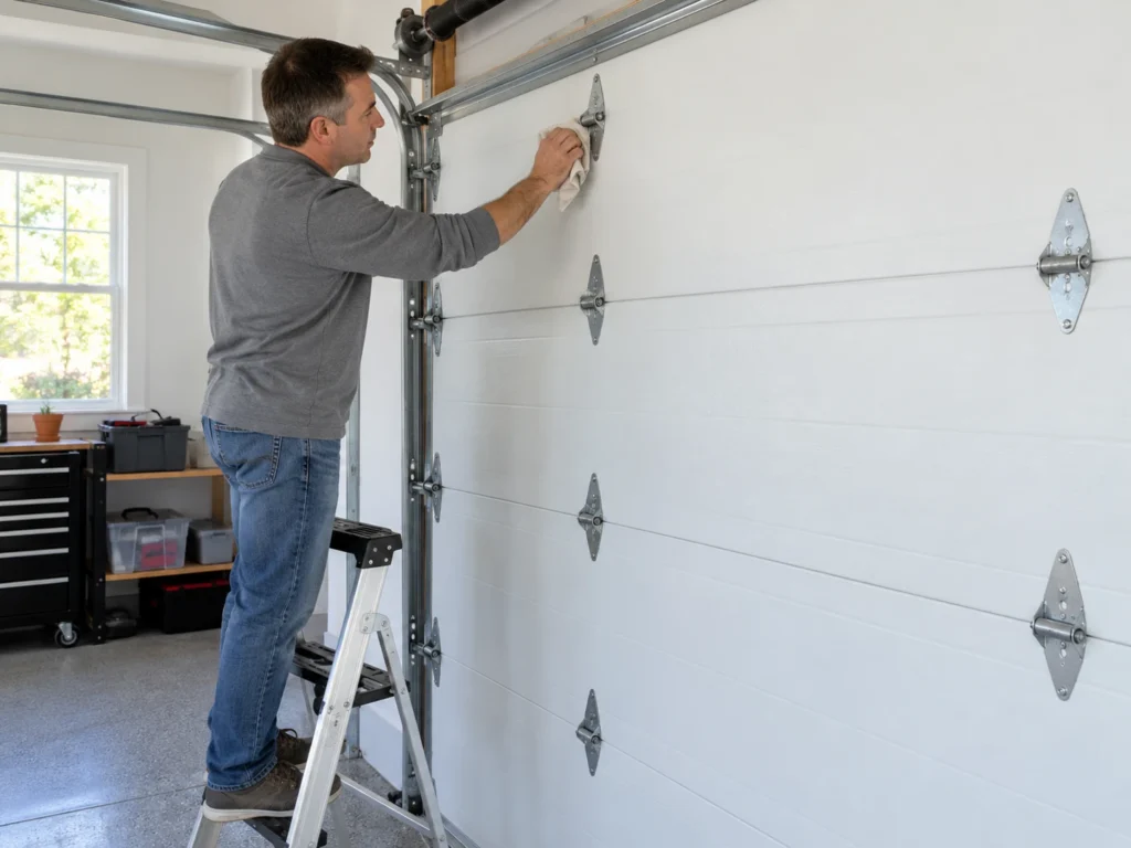 Best Lubricant for Garage Door Hinges (What Actually Works) 8 Man on a step ladder wiping a garage door hinge with a rag before applying lubricant