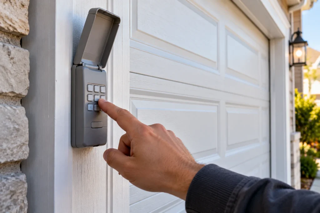 Hand entering a code on a wireless garage door keypad beside a closed garage door