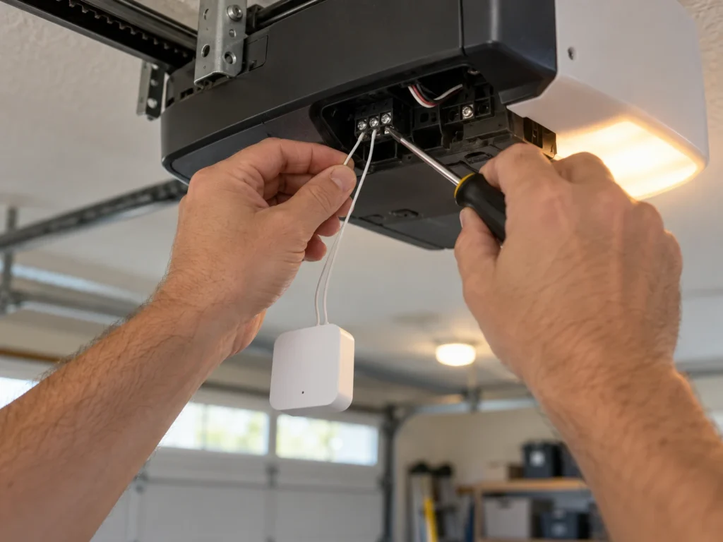 Is the Ryobi Garage Door Opener Compatible with Alexa? 4 Hands connecting a smart garage controller wires to the wall console terminals of a garage door opener
