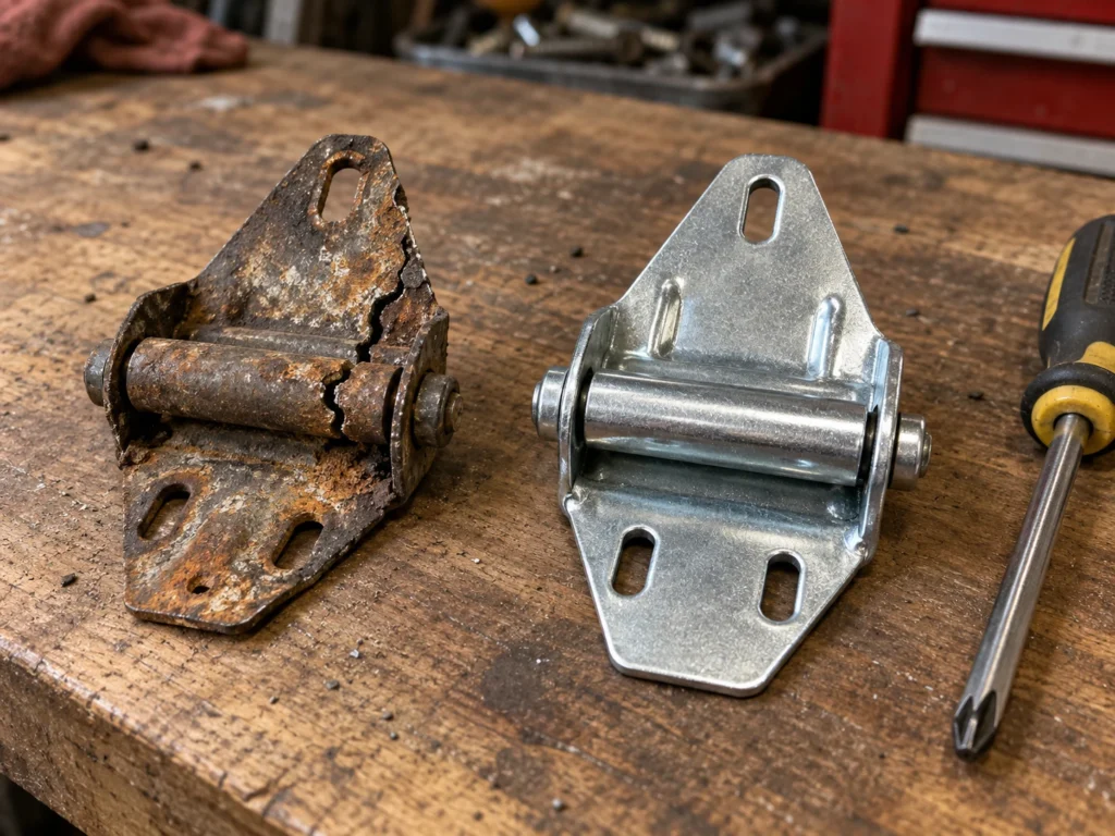 Best Lubricant for Garage Door Hinges (What Actually Works) 10 Cracked rusty garage door hinge next to a new steel hinge on a workbench